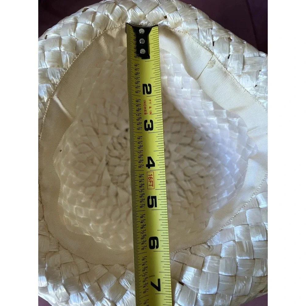 Vintage 60s Ivory Woven Straw Cloche Hat‎ Navy Blue Stripe Ribbon Bow Cream